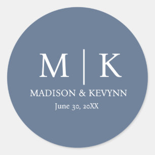 Minimal & Elegant Blue & White Monogram Wedding Classic Round Sticker