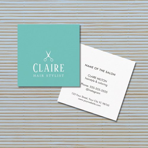 Minimal Elegant Blue White Scissors Hairstylist Square Business Card