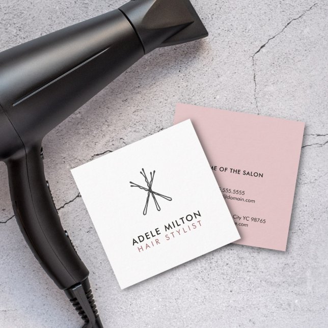 Minimal Elegant Blush Pink White Bobby Pins Hair Square Business Card (Creator Uploaded)
