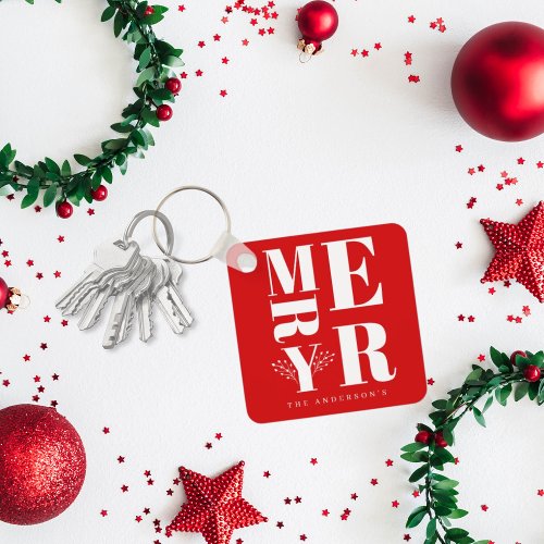 Minimal Elegant Bright Red White Merry Christmas Keychain