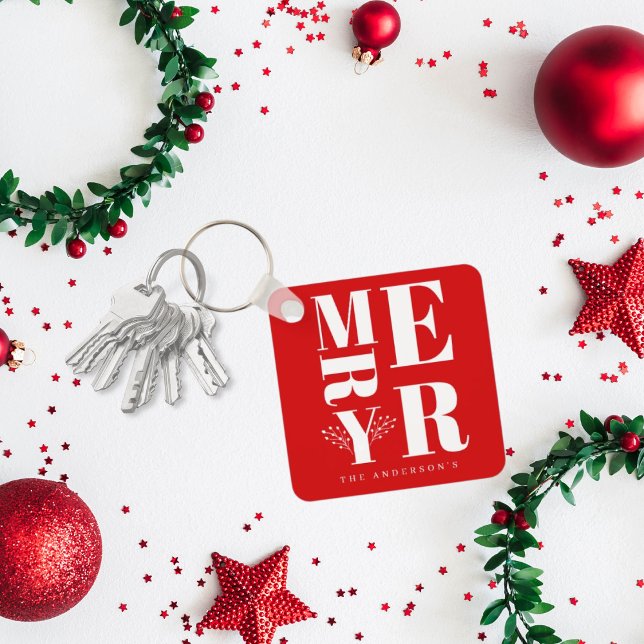 Minimal Elegant Bright Red White Merry Christmas Keychain (Creator Uploaded)