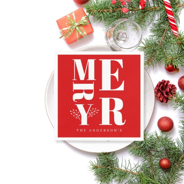 Minimal Elegant Bright Red White Merry Christmas Napkins (Creator Uploaded)