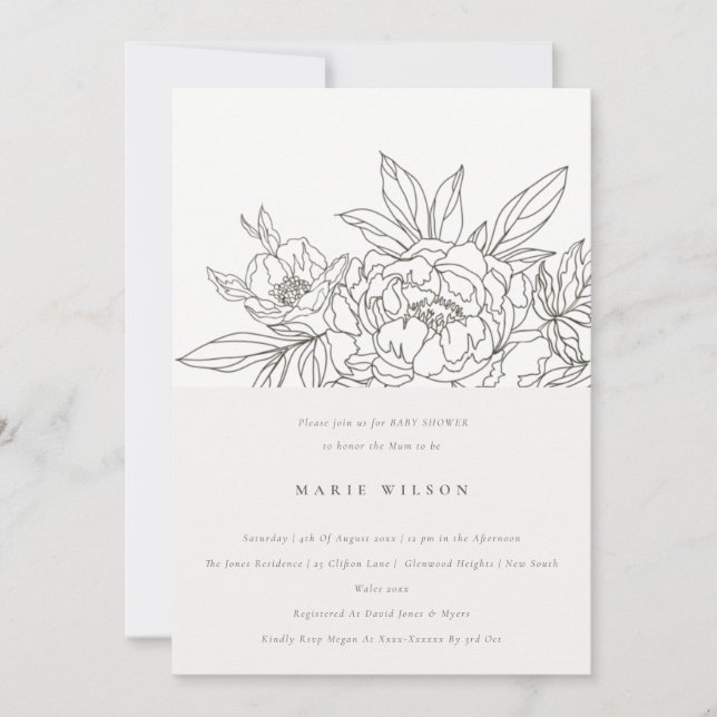 Minimal Elegant Brown Floral Sketch Baby Shower Invitation (Front)