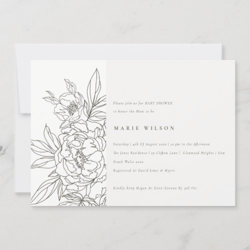 Minimal Elegant Brown Floral Sketch Baby Shower Invitation
