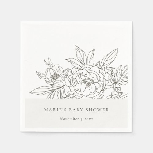 Minimal Elegant Brown Floral Sketch Baby Shower Napkins