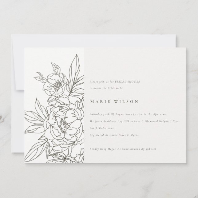 Minimal Elegant Brown Floral Sketch Bridal Shower Invitation (Front)