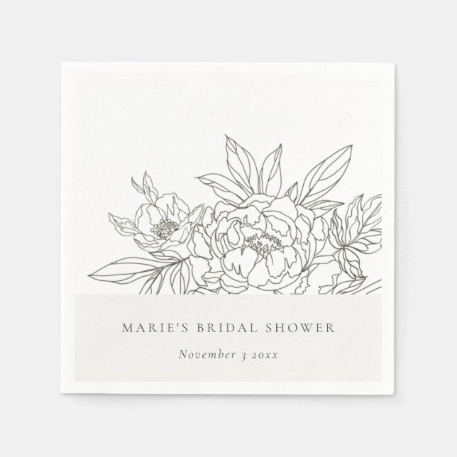 Minimal Elegant Brown Floral Sketch Bridal Shower Napkins (Front)
