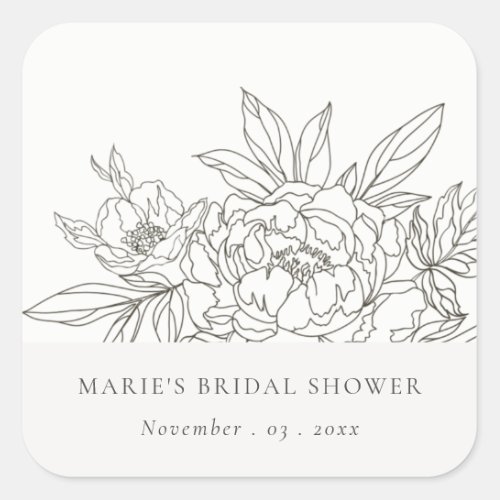 Minimal Elegant Brown Floral Sketch Bridal Shower Square Sticker