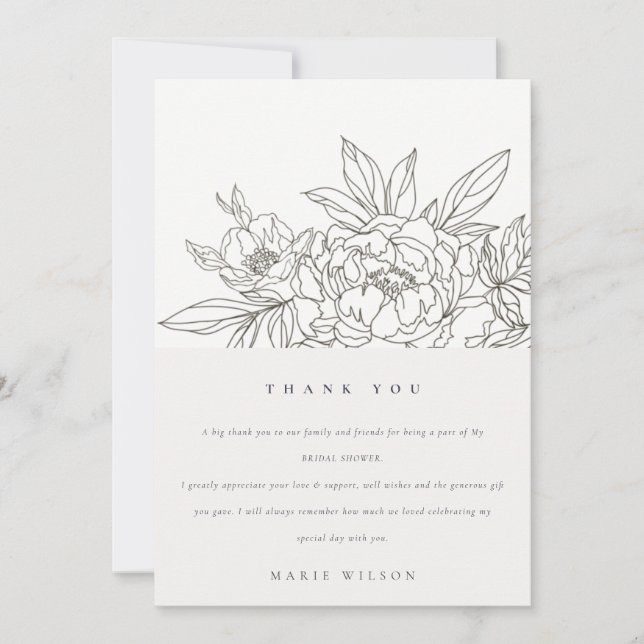 Minimal Elegant Brown Floral Sketch Bridal Shower Thank You Card (Front)