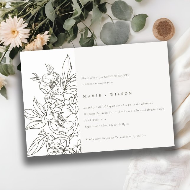 Minimal Elegant Brown Floral Sketch Couples Shower Invitation (Creator Uploaded)