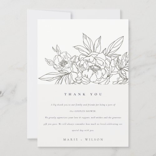 Minimal Elegant Brown Floral Sketch Couples Shower Thank You Card