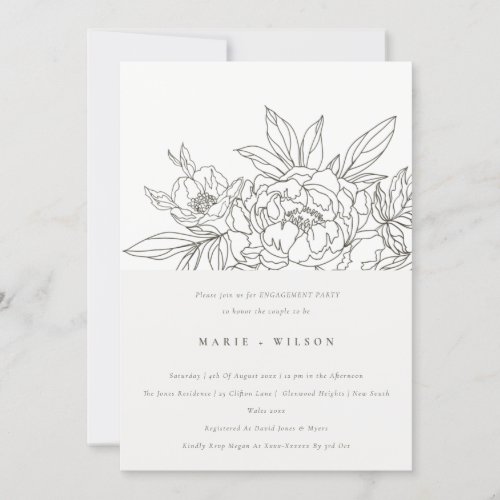Minimal Elegant Brown Floral Sketch Engagement Invitation