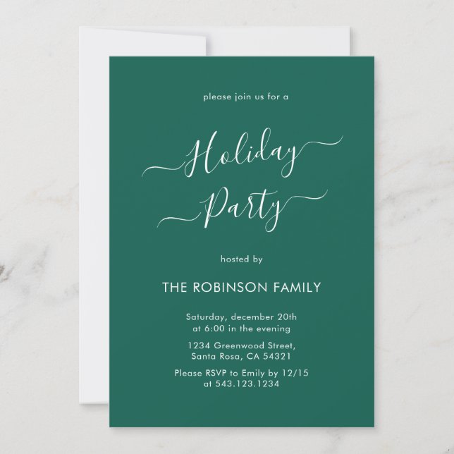 Minimal Elegant Calligraphy Green Holiday Party Invitation (Front)