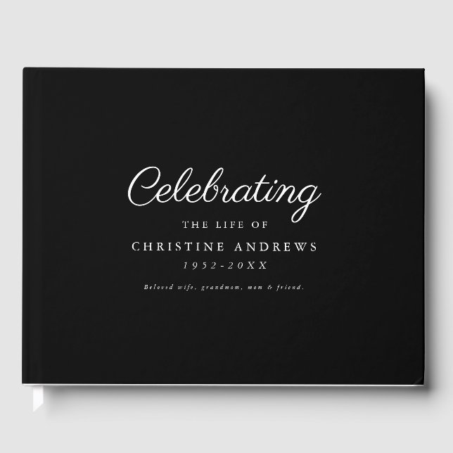 Minimal & elegant "Celebration of life" Black Guest Book (Front)