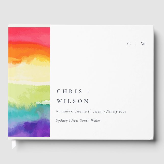Minimal Elegant Colorful Pride Rainbow Wedding Guest Book (Front)