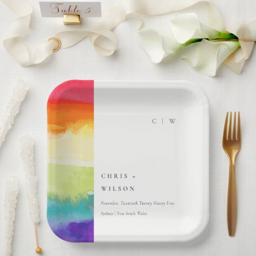 Minimal Elegant Colorful Pride Rainbow Wedding Paper Plates