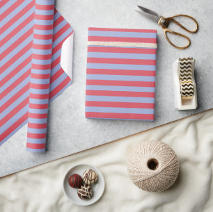 Minimal Elegant Coral Pink Blue White Stripes Wrapping Paper
