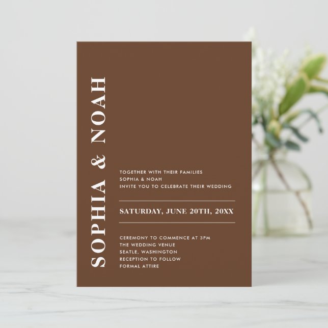 Minimal Elegant Dark Brown Modern Wedding Invitation (Standing Front)