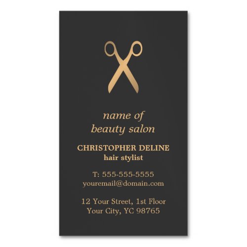 Minimal Elegant Dark Grey Faux Gold Hair Stylist Business Card Magnet