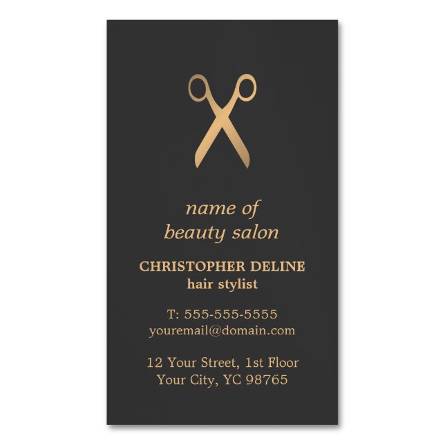 Minimal Elegant Dark Grey Faux Gold Hair Stylist Business Card Magnet (Front Vertical)