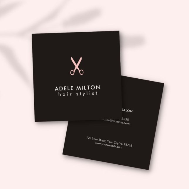 Minimal Elegant Dark Pink Scissors Hairstylist Square Business Card