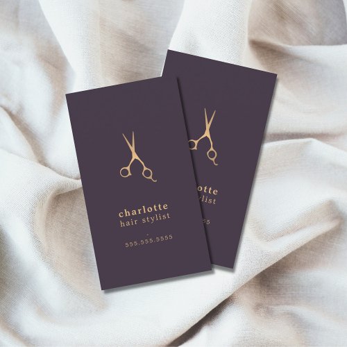 Minimal Elegant Dark Purple Faux Gold Hair Stylist Business Card