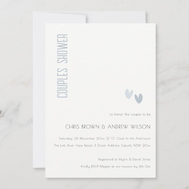 Minimal Elegant Dusky Blue Hearts Couples Shower Invitation (Front)
