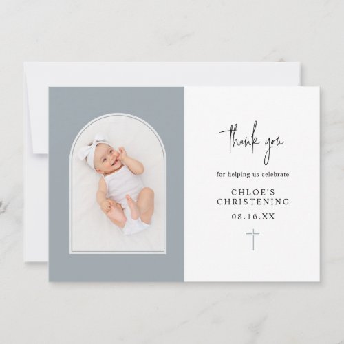 Minimal Elegant Dusty Blue Arch Photo Christening  Thank You Card