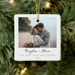 Minimal Elegant Engagement Christmas Photo Ceramic Ornament<br><div class="desc">This minimal and elegant engagement photo Christmas ornament is the perfect way to commemorate your first Christmas as a soon to be married couple. The ornament features a simple, black and white design with your names and the date of your wedding. You can also add your photo to the ornament,...</div>