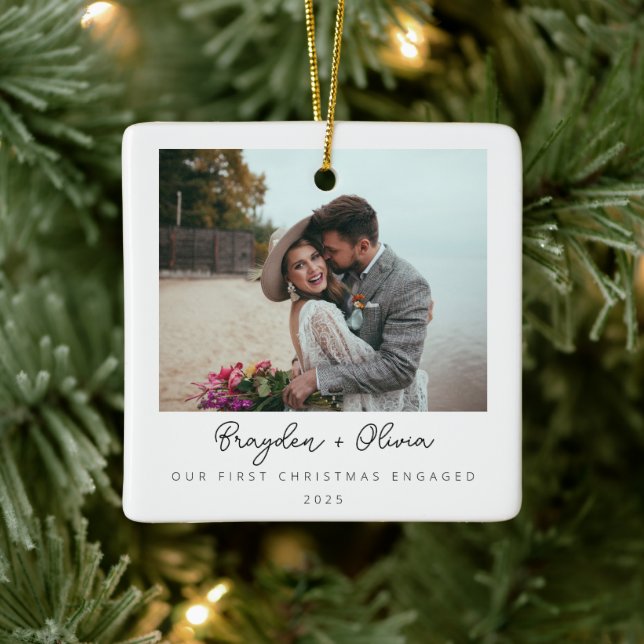 Minimal Elegant Engagement Christmas Photo Ceramic Ornament (Tree)