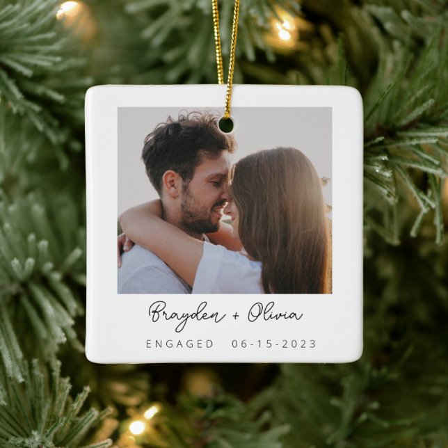 Minimal Elegant Engagement Photo Christmas Ceramic Ornament (Tree)