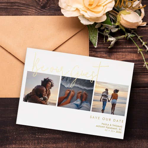 Minimal Elegant Fake Gold Effect 3 Photos Wedding Foil Invitation