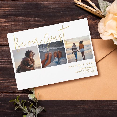 Minimal Elegant Fake Gold Effect 3 Photos Wedding Save The Date