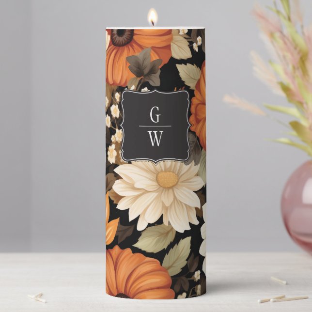 Minimal Elegant Fall Floral Monogram Wedding Pillar Candle (In Situ)