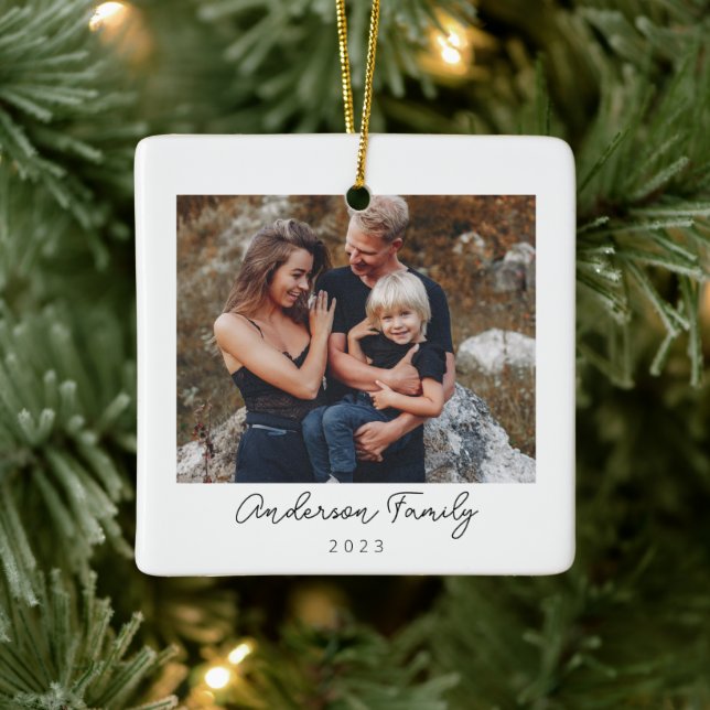Minimal Elegant Family Photo Christmas Ceramic Ornament (Tree)