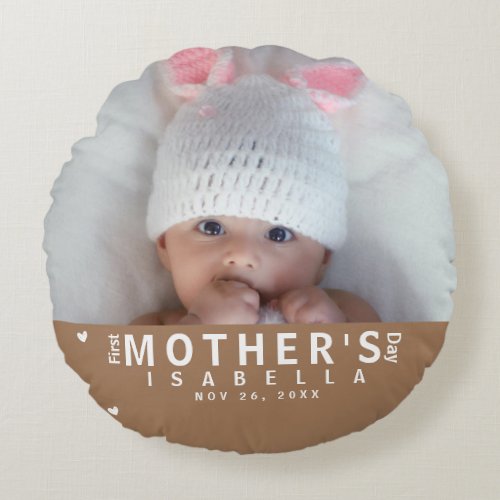  Minimal  Elegant First Mothers Day Baby Photo Round Pillow