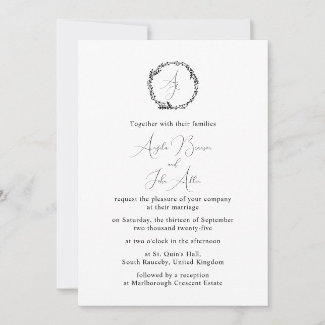 Minimal Elegant Floral Botanical Monograms Wreath Invitation (Front)