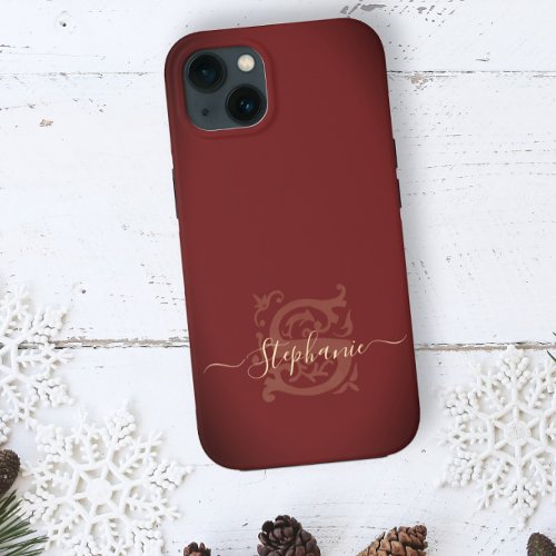 Minimal Elegant Floral Red  Gold S Name Monogram  iPhone 13 Case