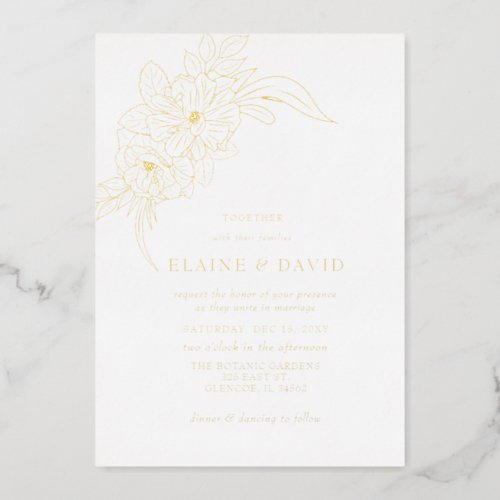 Minimal Elegant Floral Sketch Wedding Foil Invitation