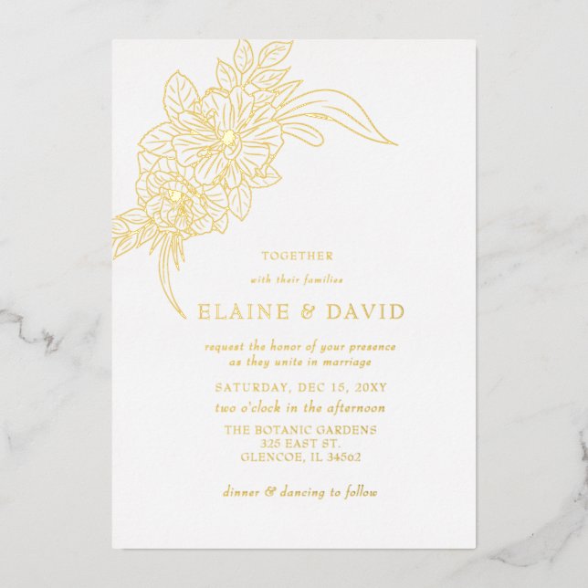 Minimal Elegant Floral Sketch Wedding Foil Invitation (Front)