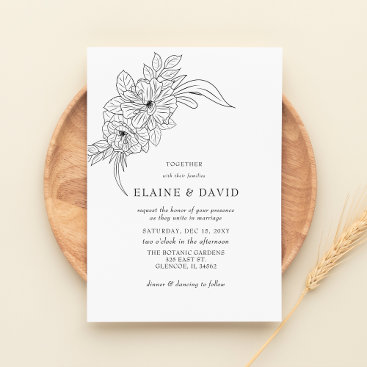Minimal Elegant Floral Sketch Wedding Invitation
