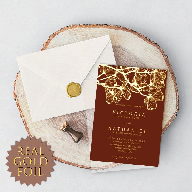 Minimal Elegant Floral Summer Wedding Real Gold Foil Invitation (Creator Uploaded)
