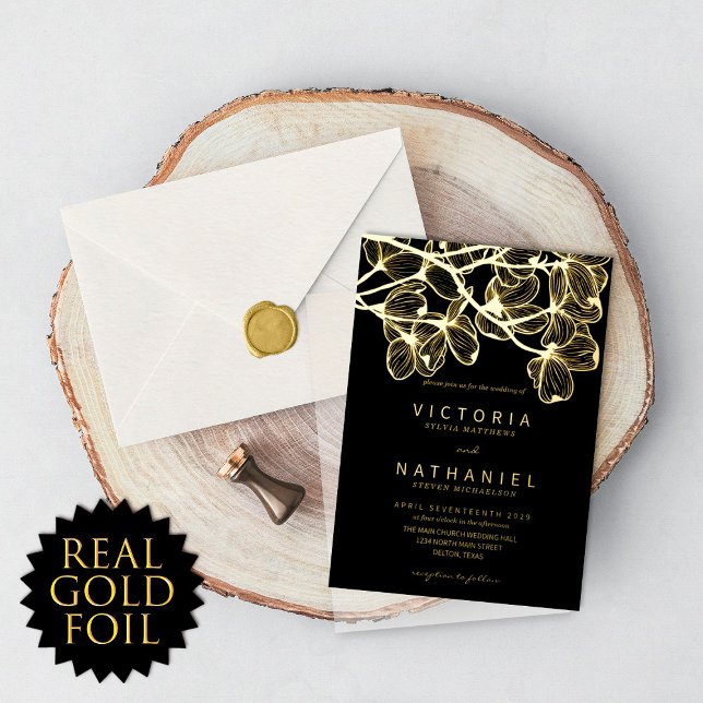 Minimal Elegant Floral Summer Wedding Real Gold Foil Invitation (Creator Uploaded)