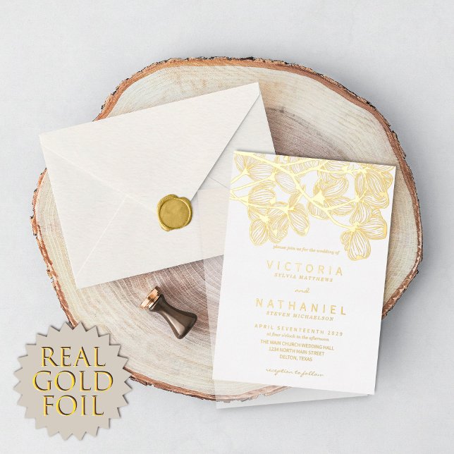 Minimal Elegant Floral Summer Wedding Real Gold Foil Invitation (Creator Uploaded)