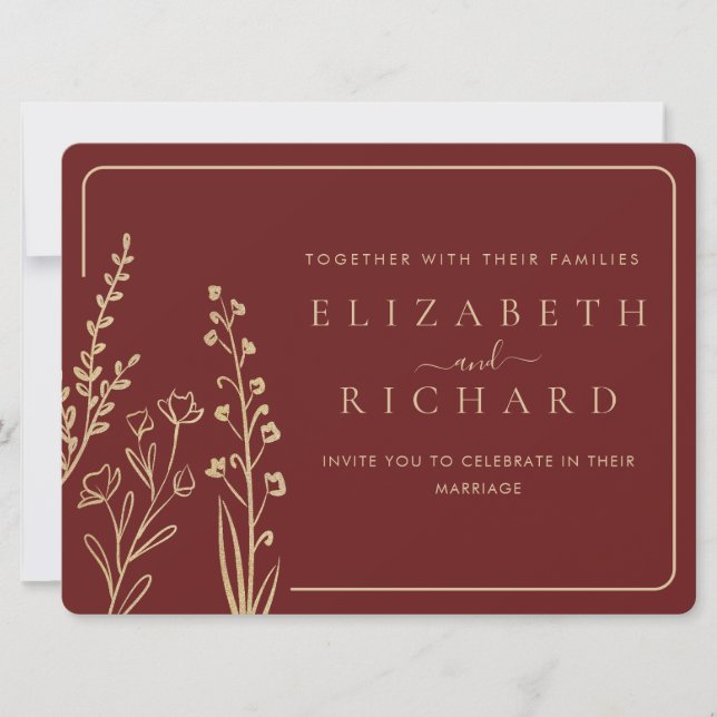 Minimal Elegant Gold Burgundy Wildflower Wedding Invitation (Front)