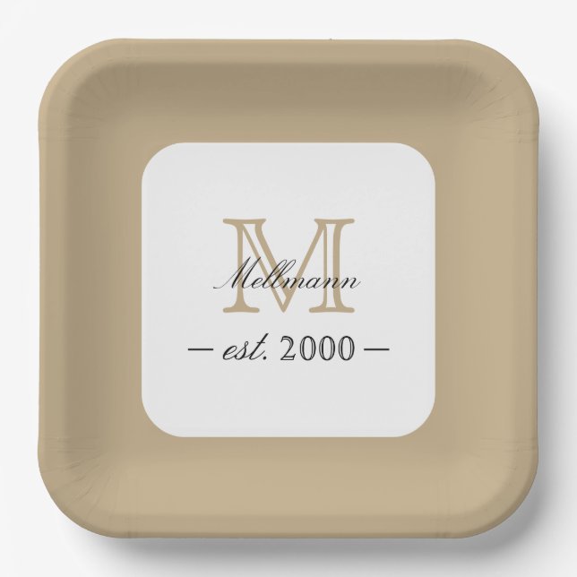 Minimal Elegant Gold Monogram Family Year Est. Paper Plates (Front)