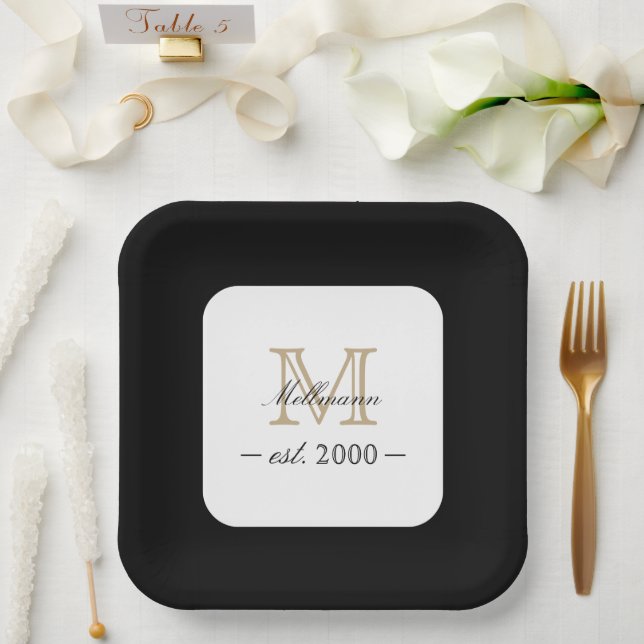 Minimal Elegant Gold Monogram Family Year Est. Paper Plates (Wedding)