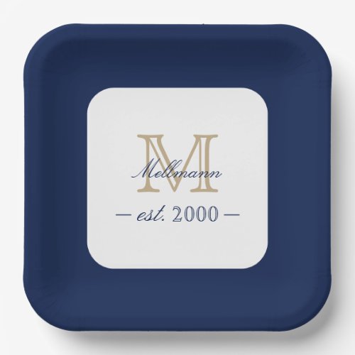 Minimal Elegant Gold Monogram Family Year Est. Paper Plates