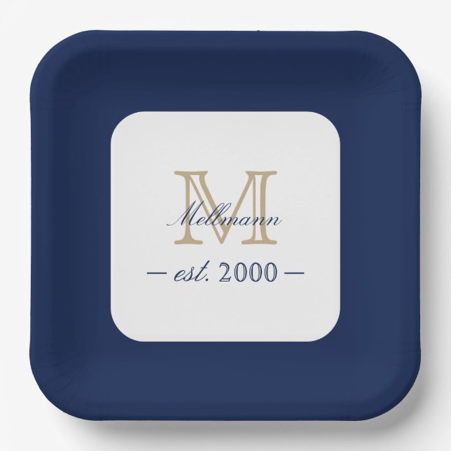 Minimal Elegant Gold Monogram Family Year Est. Paper Plates (Front)