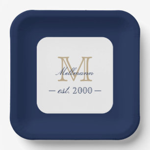 Minimal Elegant Gold Monogram Family Year Est. Paper Plates